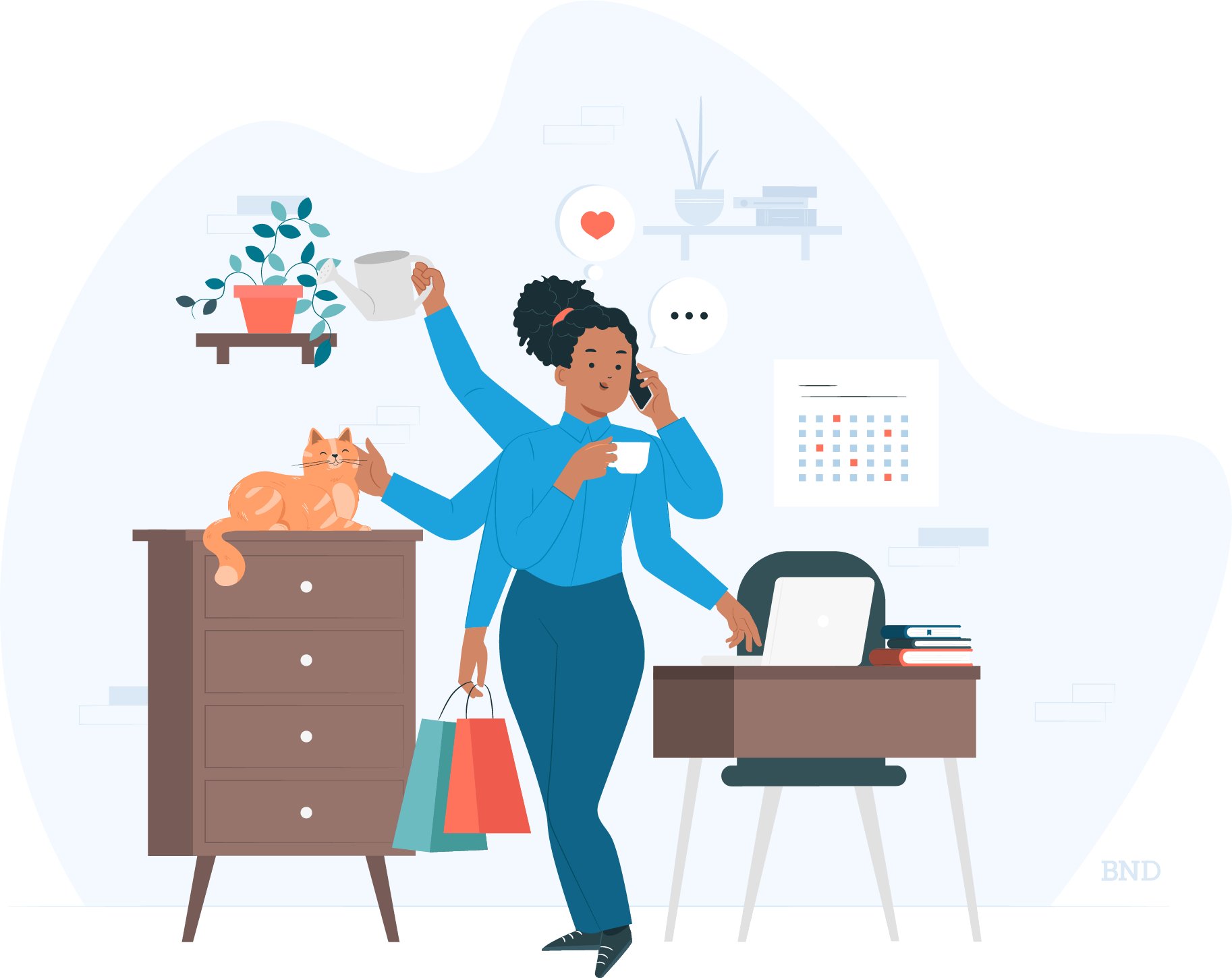 graphic of a woman with multiple arms juggling work and home life